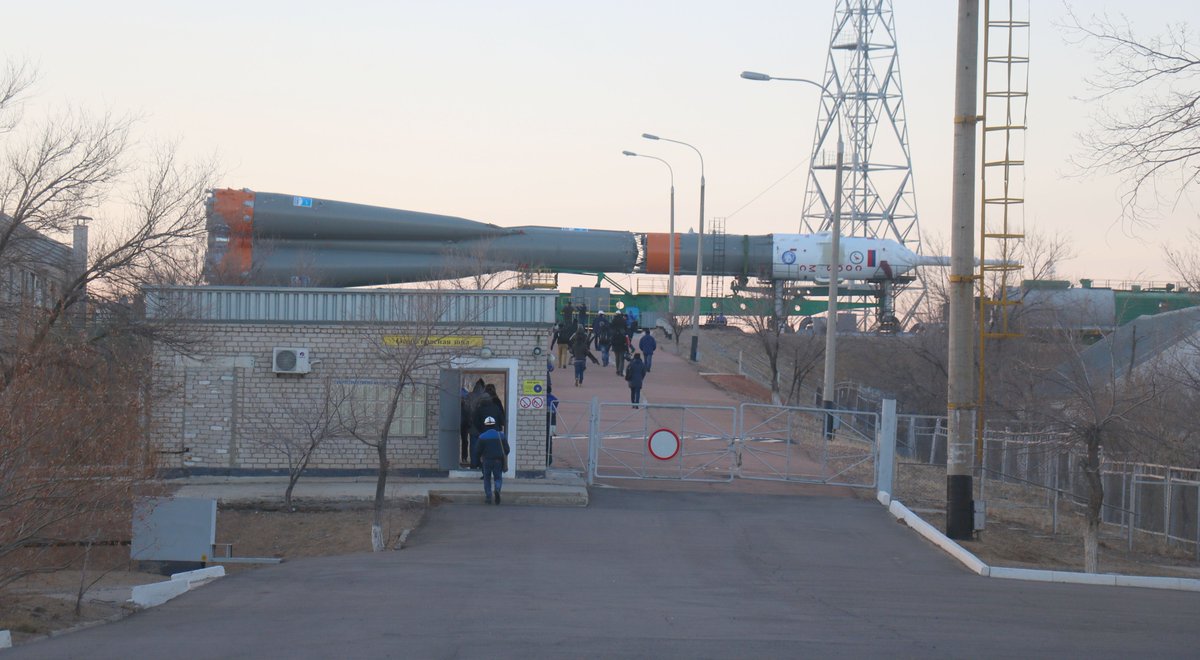 This is exactly how Gagarin's Vostok-1 rocket rolled the last meters onto the pad in 1961, over the exact same railway tracks used today. The design of the modern Soyuz rocket has also barely changed from that famous rocket.  #Gagarin1961