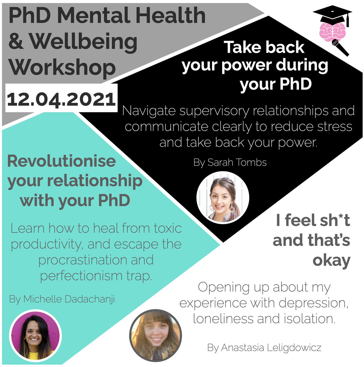 ALeligdowicz's tweet image. TODAY IS THE DAY LADIES AND GENTS!

18:00 this evening, if you haven&apos;t already got your ticket: phdmentalhealth.eventbrite.co.uk

PhD Mental Health &amp;amp; Wellbeing Workshop!!
-depression &amp;amp; lonliness
-toxic productivity
-supervisory relationships

#phdchat @PandemicPGRs #AcademicChatter