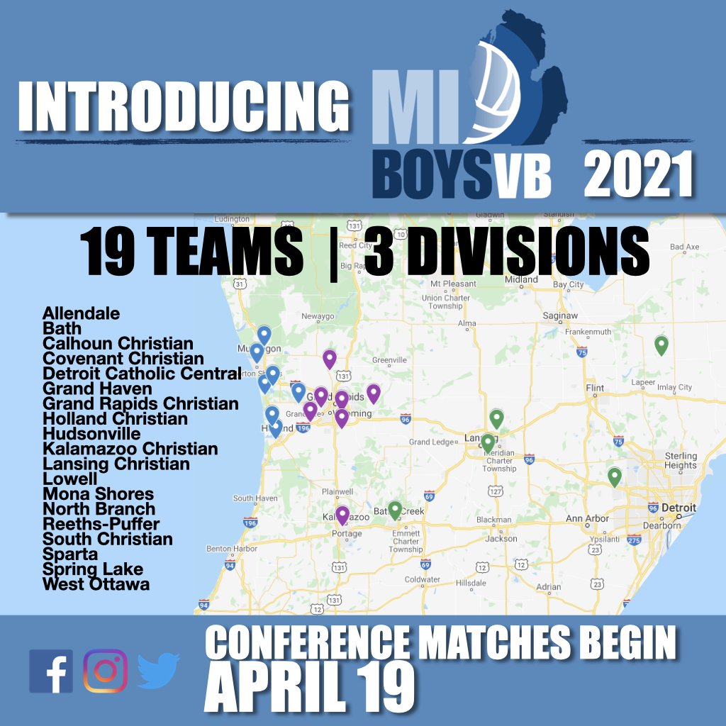 Introducing the teams of MIBoysVB 2021! 19 teams across 3 divisions–West Central &amp; East. From Muskegon to Novi, Kalamazoo to North Branch. Conference matches begin Mon April 19. Non-conference matches begin this week! Let’s play!
#BoysVolleyball #GrowTheGame future <a href="/MHSAA/">MHSAA</a>