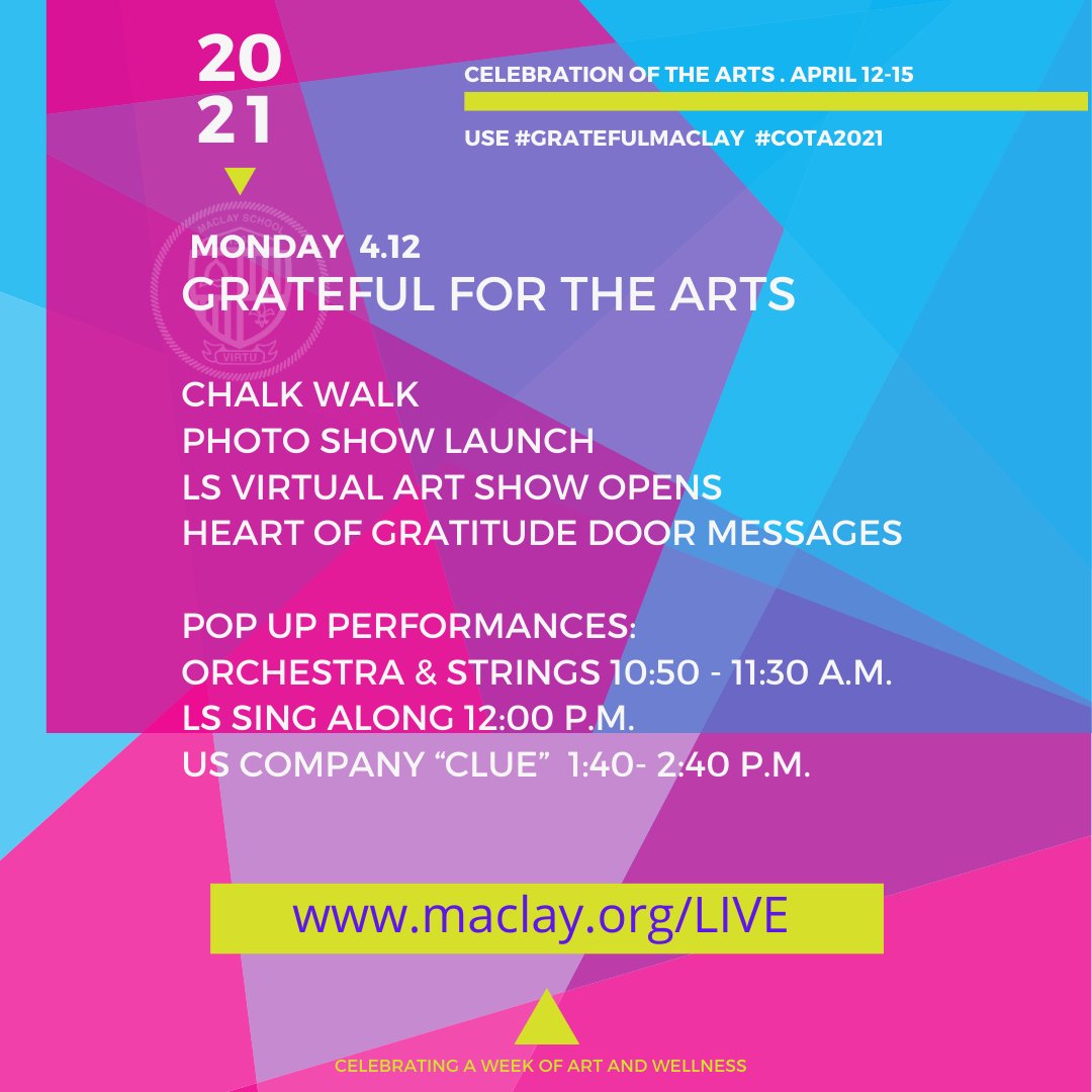 Maclayschool's tweet photo. Join us for our at https://t.co/vR5Hbg99Hy each day for our pop-up performances, and share your art of gratitude by tagging us @maclayschool, direct message us, or email a photo to news@maclay.org. #COTA2021 #GratefulMaclay
#maclayfinearts #truebluemaclay https://t.co/Ij64Y4hzQd