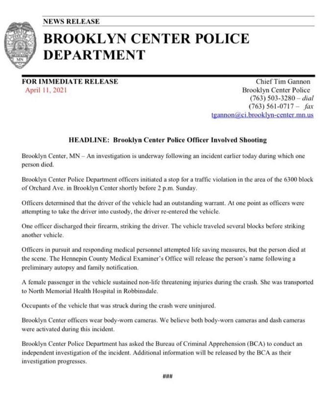 Here is the official statement from the Brooklyn Center Police Department. Remember, a warrant is NOT and should NOT be a death sentence! #JusticeForDaunteWright