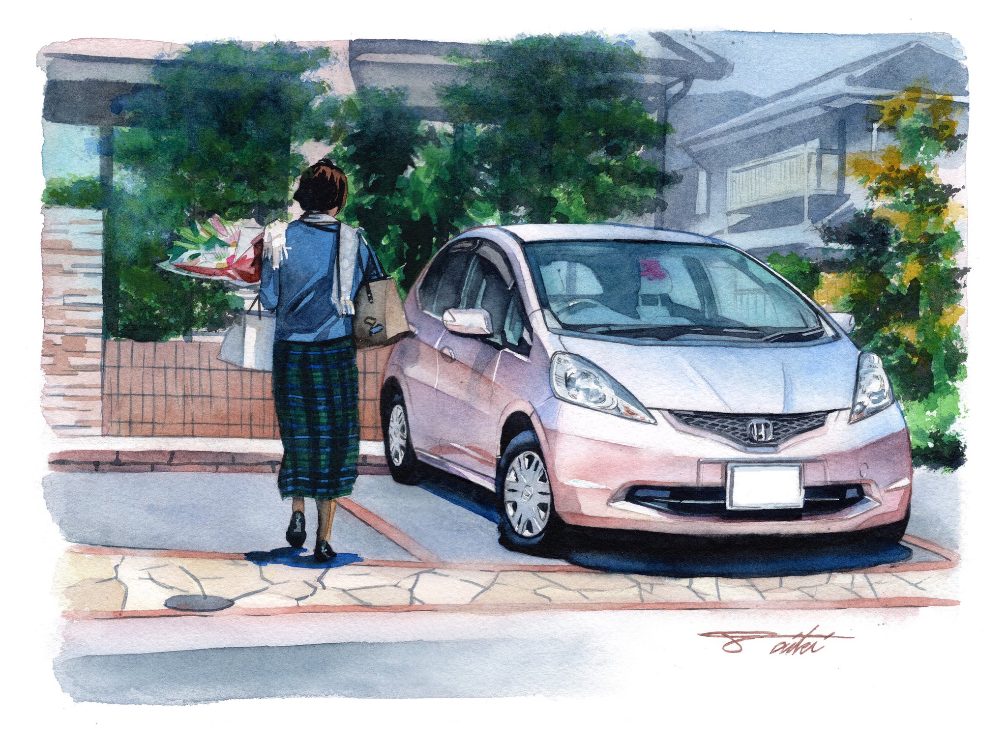 コサカダイキ イラストレーター 愛車のイラストオーダーを頂きhondaのfitを描かせてもらいました 13年間乗られてて 今回乗り換えられるとの事で思い出の形として僕の絵を選んで下さいました 背景 塗装の剥がれ 被写体の合成など様々な条件の元制作