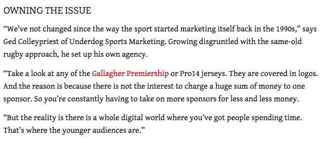 UnderdogSportUK's tweet photo. How can rugby market itself better? @GedUnderdog spoke to @AlanDymock for the latest issue of @Rugbyworldmag 

Read the article here...https://t.co/tWPiWRAVR5 https://t.co/jII4THgejz
