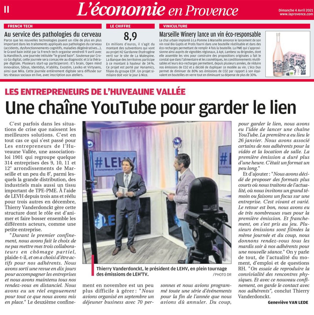 LEHV13's tweet photo. [ARTICLE SUR LEHTV DANS LA PROVENCE]

On aurait voulu le faire exprès qu'on y serait pas arrivé! Un adhérent LEHV Marseille Winery et #LEHTV sont à l’honneur dans la même page du quotidien @laprovence. Merci pour cette mise en lumière ! #lehtv #lehv #youtube 
@vddthierry https://t.co/XO8aAp9xfC