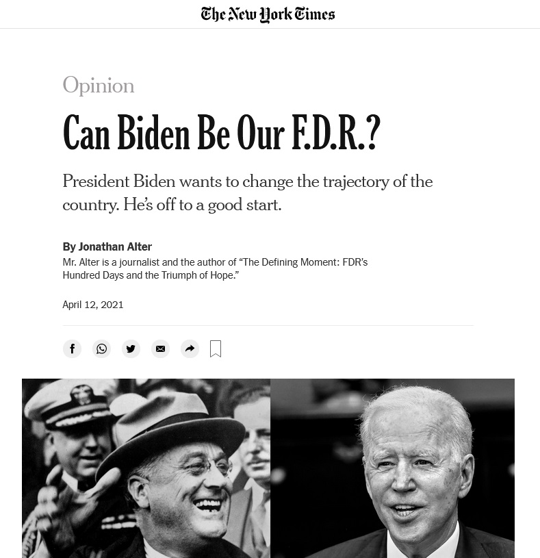 BIG MEDIA MANUFACTURES REALITYFrom day one, the corporate media, led by the NYT, have decided to frame Biden as FDR.They will hammer that myth over and over and over and over and over and over and over again until it sticks.