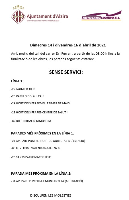 ALZIBUS

Notes informatives per a aquesta setmana
Notas informativas para esta semana

#Alzira <a href="/AjuntAlzira/">Ajuntament Alzira</a>