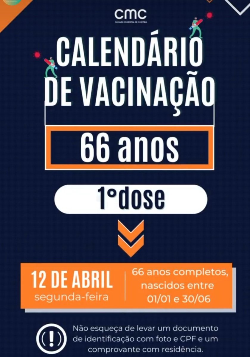 Hoje em Curitiba: vacinação para quem tem 66 anos.