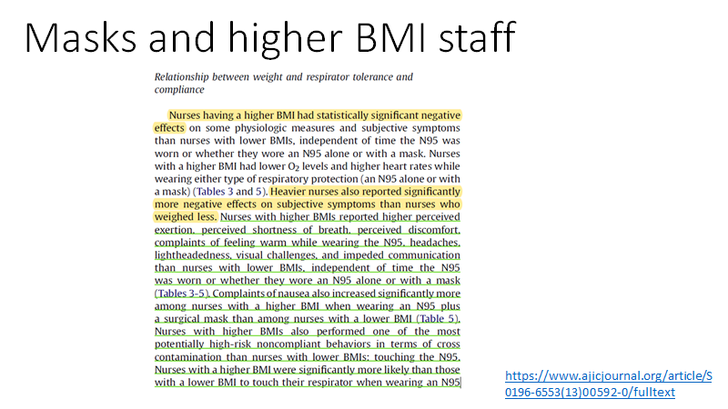 Of note, many of the staff had elevated BMIsPoor compliance and discomfort was much more common in those with the higher BMIThe authors note of the US population - 1 in 3 overweight- 1 in 3 obese4/15
