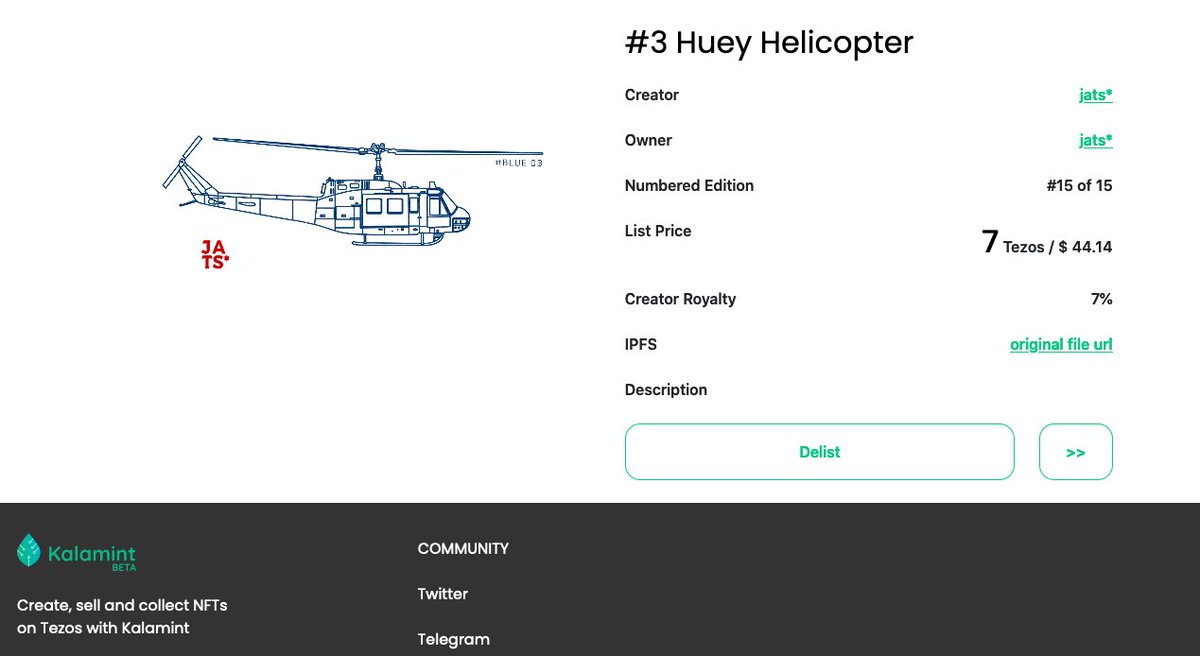 JATSNFT's tweet photo. Release done for #3 Blue Edition : the Huey Helicopter !

Only 15 editions available on https://t.co/LyOAmTVzND*
@kalamint_io 

#helico - #nftcollectors - #NFTCommunity - #VisualArt 

https://t.co/hRWLNnSkwq ==> https://t.co/sySDunGT9h

Collection is Growing 😎 https://t.co/NW7Wff3fP7