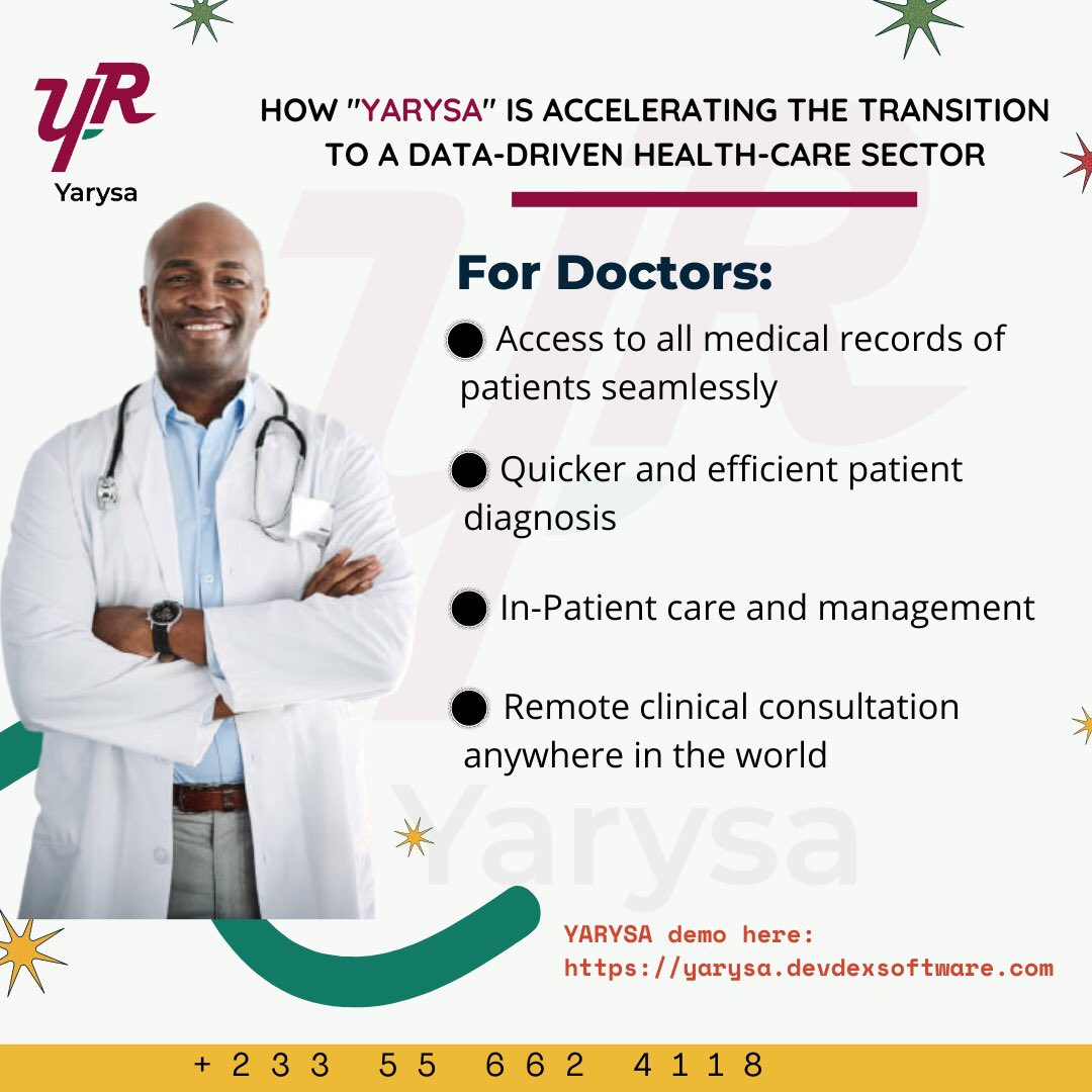 YarysaEMR's tweet photo. Yarysa is an EMR system made for hospitals, it’s a data-driven software which helps medical facilities enhance their healthcare delivery. #hospitalsinghana #ghana #doctorsgh #emrghana #softwaregh #ehealth #africa #GH #data #AI #MachineLearning #DigitalTransformation #telehealth https://t.co/zoExQ2YIyS