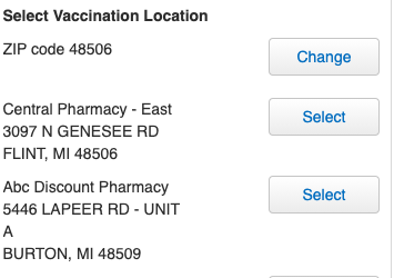 FLINT AREA: Some Health Mart pharmacies appointments open in Flint and Burton  https://scrcxp.pdhi.com/Portal/Member/d1e1f5d5-007f-4167-b8d1-1ea83cb3b215