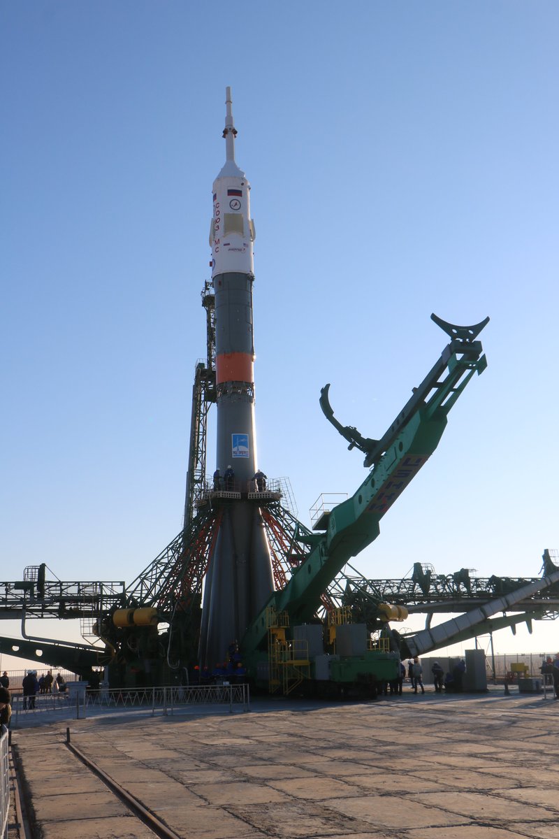 The launch pad mechanisms on pad 1 have changed very little since 1961. See Gagarin's Vostok-1 on the pad (left) versus Soyuz MS-03 in the exact same spot in 2016 (right).  #Gagarin1961