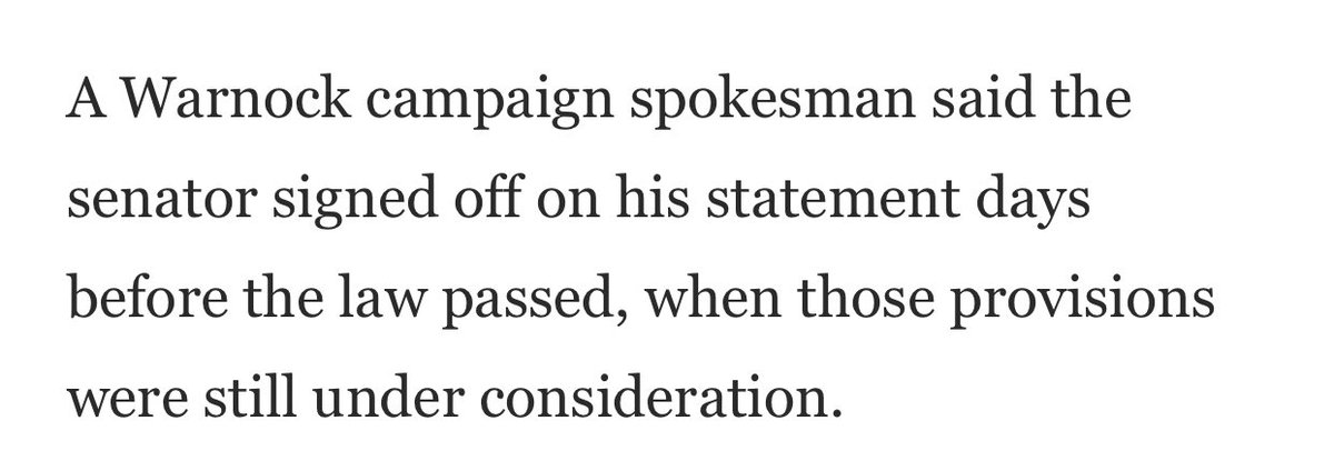 Pretty incredible admission from  @SenatorWarnock here. Put out a statement full of lies about the Georgia election law, alongside Biden and Stacey AbramsLater after MLB and others reacted to the lies, admitted he it wasn’t based on the final bill. https://www.washingtonpost.com/politics/georgia-voting-law-backlash/2021/04/11/3074ef34-9893-11eb-a6d0-13d207aadb78_story.html