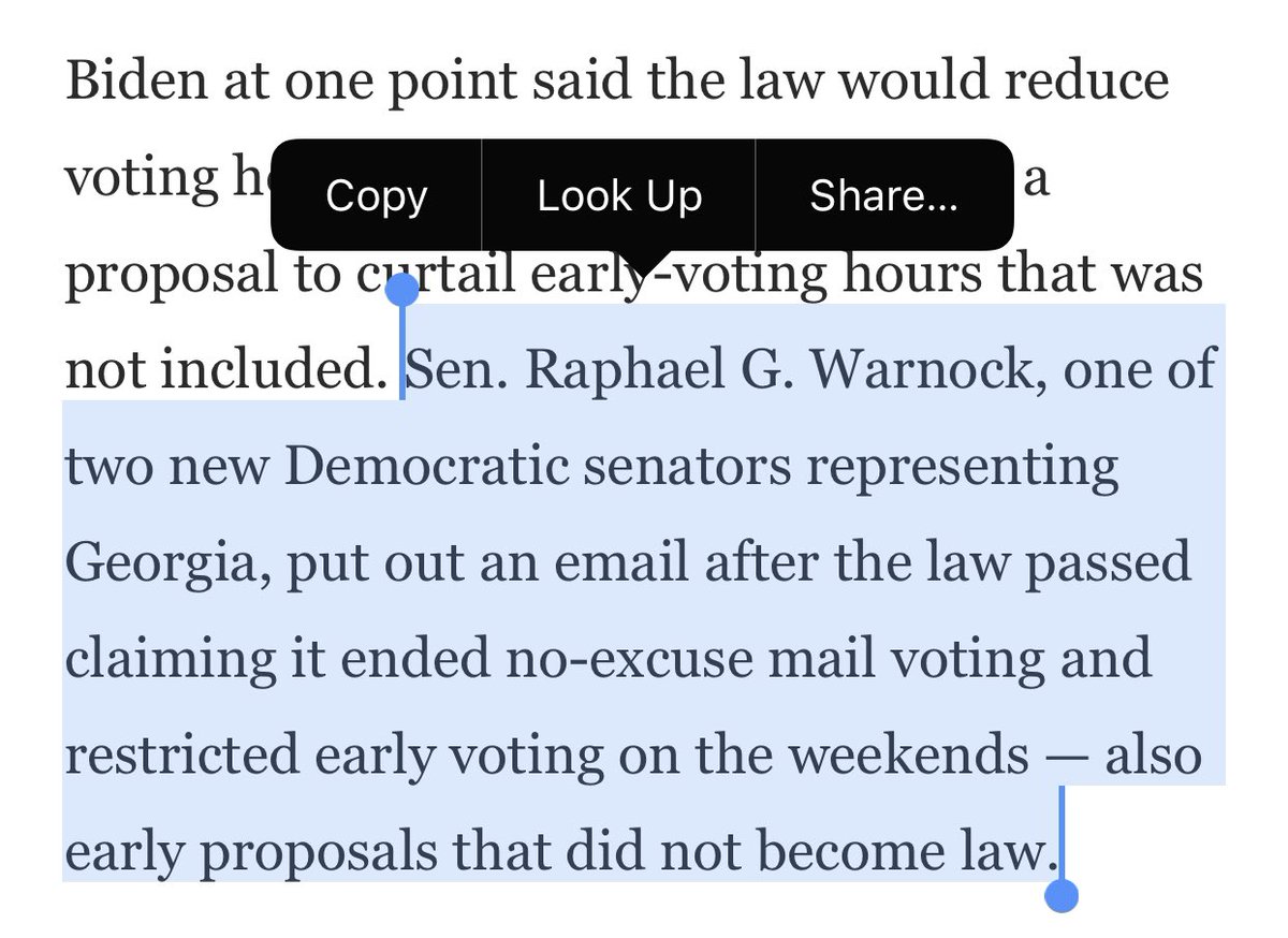 Pretty incredible admission from  @SenatorWarnock here. Put out a statement full of lies about the Georgia election law, alongside Biden and Stacey AbramsLater after MLB and others reacted to the lies, admitted he it wasn’t based on the final bill. https://www.washingtonpost.com/politics/georgia-voting-law-backlash/2021/04/11/3074ef34-9893-11eb-a6d0-13d207aadb78_story.html