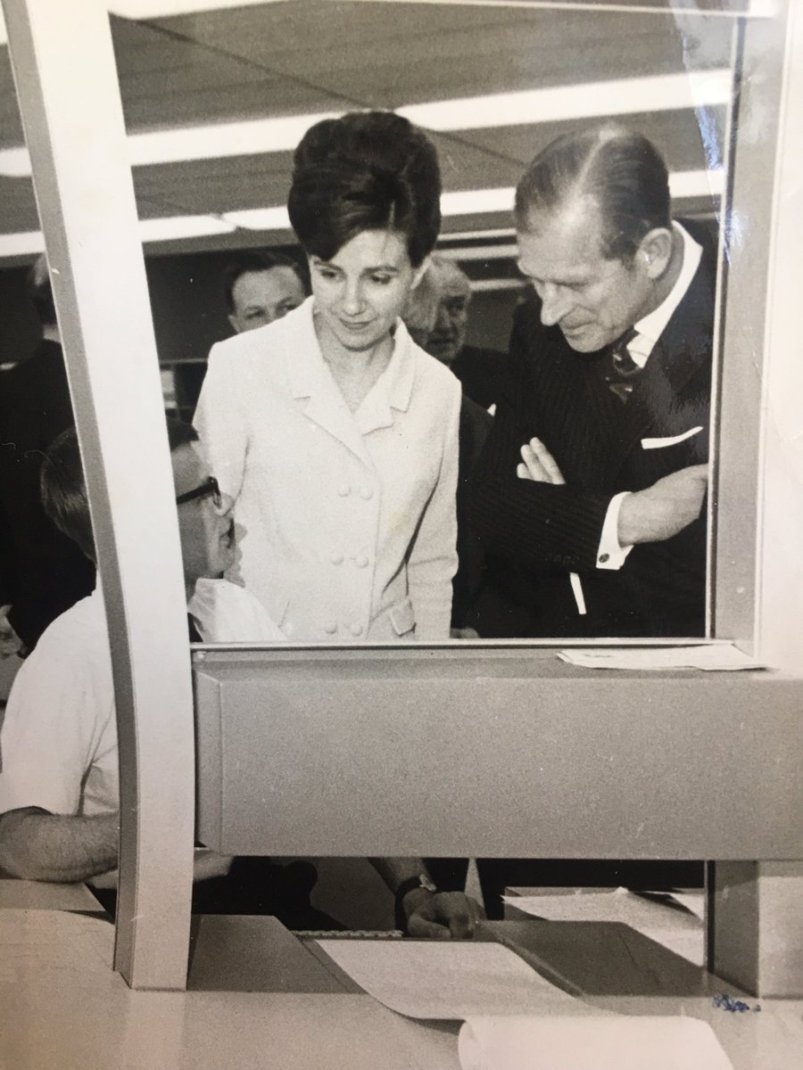 hamishmum's tweet image. Hey Twitter - can we find out more about this pic? My Dad (no longer with us) is the handsome man sitting down. #HRHDukeofEdinburgh is visiting his work for some reason - maybe 1965 🤷‍♀️ please #rt so we can find out more. Where is it? Why? Who’s the lady? Excited in advance 🤞