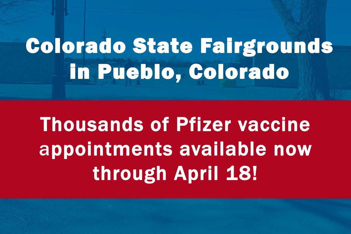 ⚠️Thousands of Pfizer vaccine appointments are available this week for Coloradans 16 and older at the Colorado State Fairgrounds in Pueblo!⚠️

Register for an appointment online:  centura.org/vaccine   

To register by phone, call: 720-263-5737 or 855-882-8065, 7am-8pm daily.