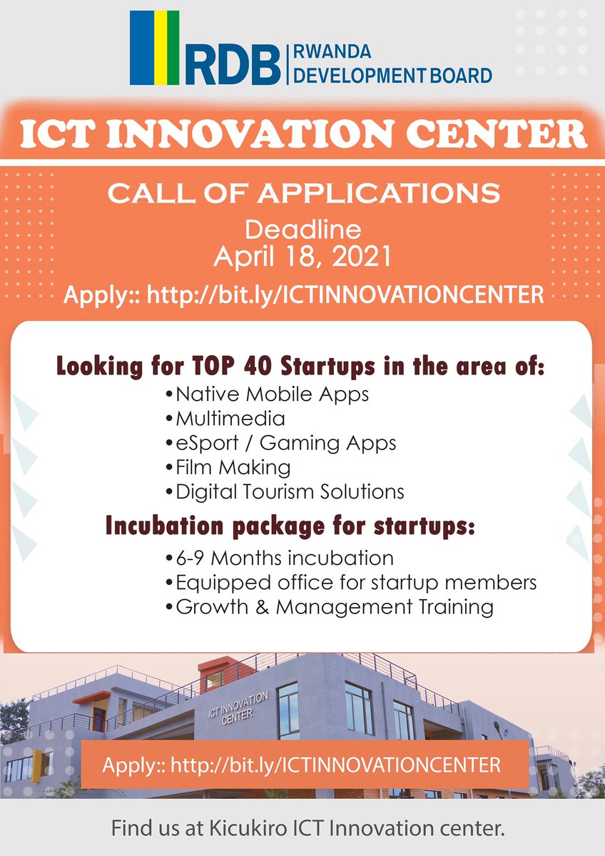 ⚠️Application for Third Startups incubation program is now OPEN.⚠️

We are looking for 40 startups in 
1.Native Mobile Apps
2.Multimedia
3.ESports/Gaming Apps
4. Film making
5. Digital tourism solutions. 

Please don't miss this opportunity.
Apply through: bit.ly/ICTINNOVATIONC…