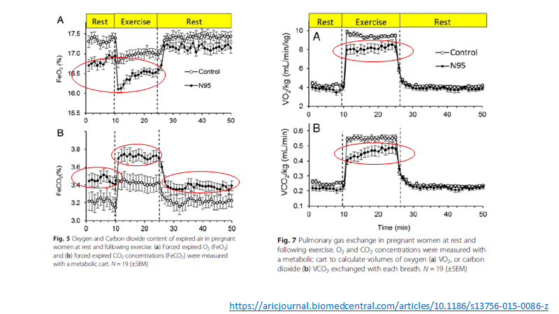 ResultsThe N95 apparatus-reduced breathing depth but not rate-reduced min volume on exercise-reduced expired O2-raised expired CO2-reduced VO2 and VCO2 during exercisedid not change mothers SpO2, HR, lactate or baby HR or variability11/15