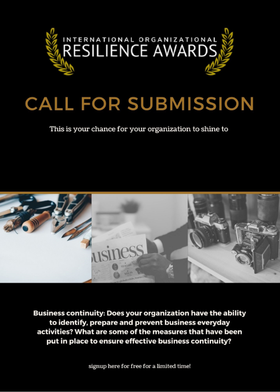 wesutsamusa's tweet photo. Does your organization have the ability to identify, prepare and prevent events that may hinder everyday business activities? 
Sign up today at International Organizational #resilience #awards with your story @SentinelAfrica https://t.co/sFsIXMXWC5