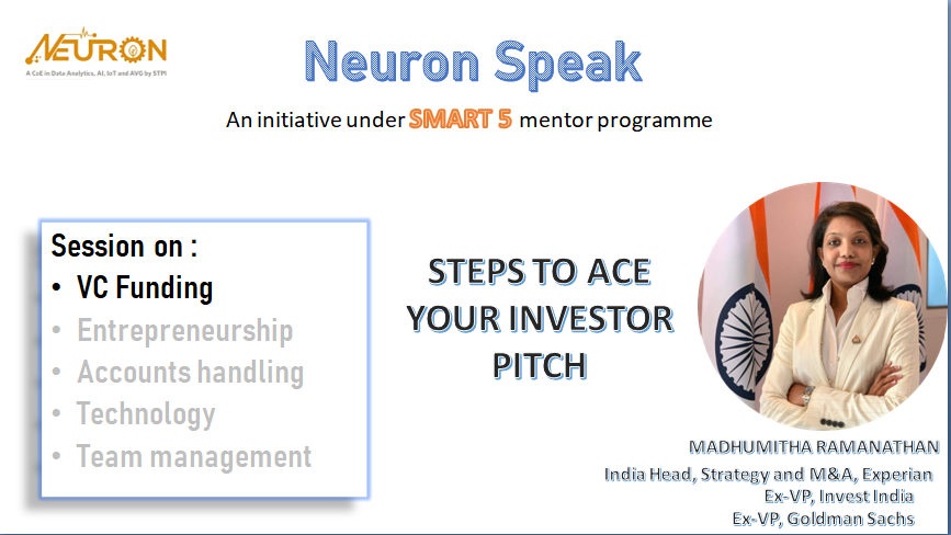 Successfully conducted Neuron’s #interactive session with @MadhumithaPR under #Smart5 Mentor Program with a diverse-mix of #InvestorPitch related questions by attendees and #Startups. 
#StartupIndia #MeitY #InvestorPitch #Entrepreneurship @GoI_MeitY  @Omkar_Raii  @rsprasad