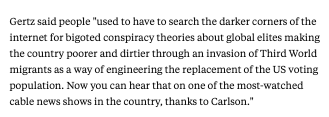 I spoke with  @Finneganporter at  @BusinessInsider about Tucker Carlson's mainstreaming of white nationalist talking points. The interview was actually conducted before he went all-in on the great replacement theory last week.  https://www.businessinsider.com/how-tucker-carlson-has-downplayed-white-supremacist-violence-2021-3