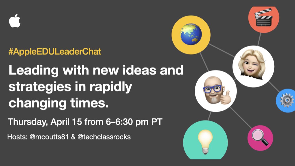 Excited to be a part of this first global #AppleEDULeaderChat partnership!  Join @mcoutts81 and myself as we discuss leading with new ideas and strategies.
Would love to see the #CreateForACause team join the conversation. <a href="/shmaynor/">🦄 susan maynor 💡 engage the imagination 🌎</a> <a href="/DrBillZiegler/">Dr. Bill Ziegler</a>