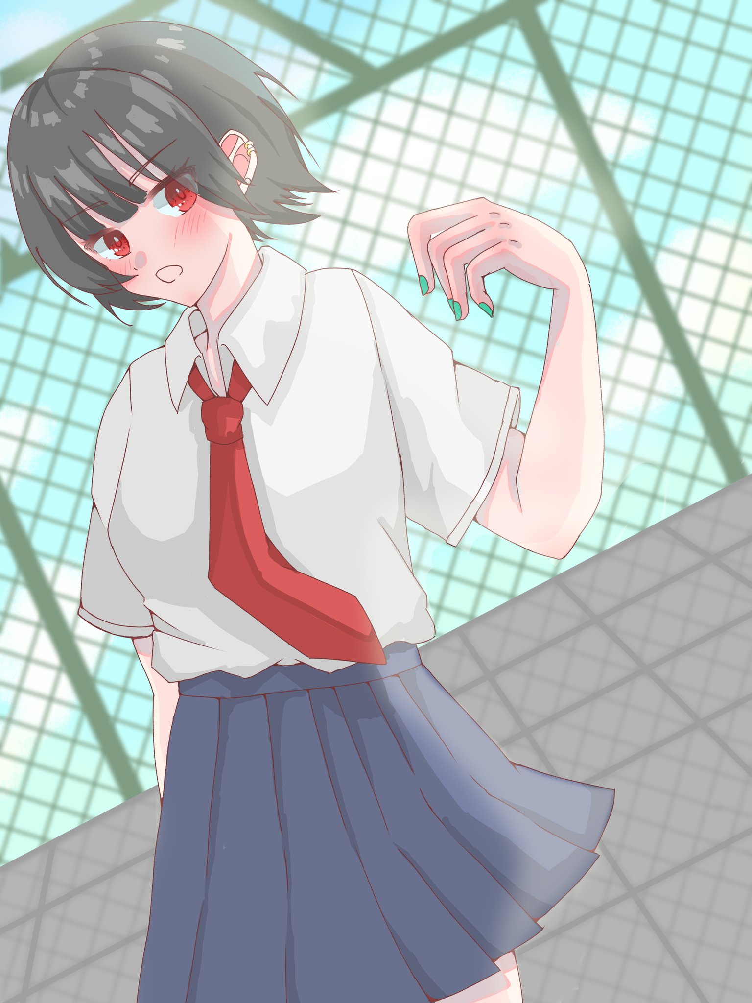 Ariゆきまる ショートの子 女の子 イラスト好きな人と繋がりたい イラスト 制服 屋上 ショートカット女子 100枚目に絵が上手くなる絵描き 4枚目 絵描きさんとつながりたい