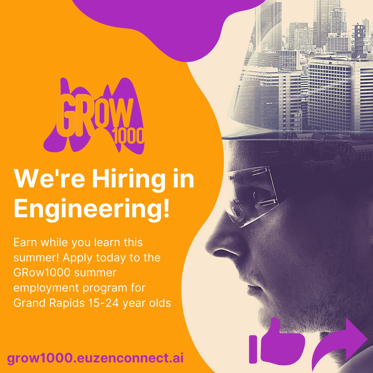 Apply to land one of hundreds of summer jobs as part of the 2021 GRow1000 program!

Excited to partner with The City of Grand Rapids to help youth and young adults build a strong career foundation.

Learn more and apply to the program here:
ow.ly/B1LP50Eaauk

Like &amp; Share!