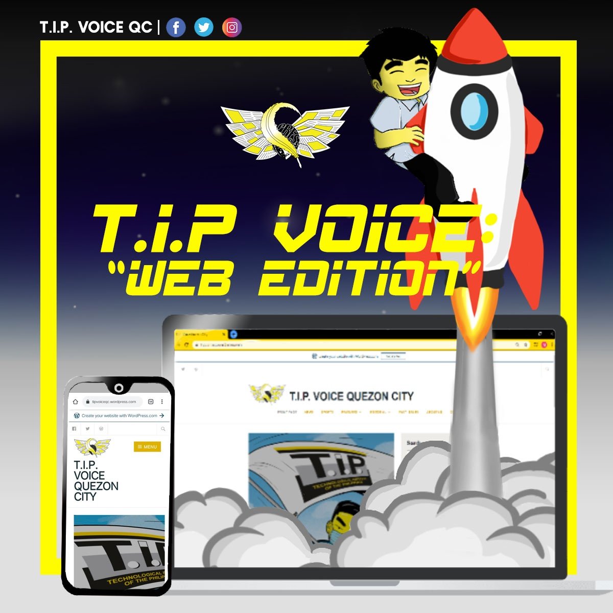 TIPVoiceQC's tweet photo. Heads up, T.I.P.ians! 

You are all invited to the official launch of our T.I.P. Voice QC Online (our official school and student publication) in its newest online platform - WordPress Web Edition! Catching up with various school events has never been this easy! (1/3) https://t.co/lNBpXSeAF1