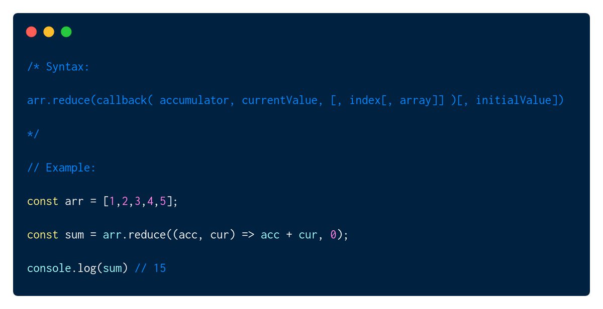  .reduce().reduce() is a special method that is often one of the hardest to learn due to how versatile it is.With a .map() you operate on the values & return. But, with .reduce(), you can do pretty much anything.In this example, I sum the values in the array. 5/8