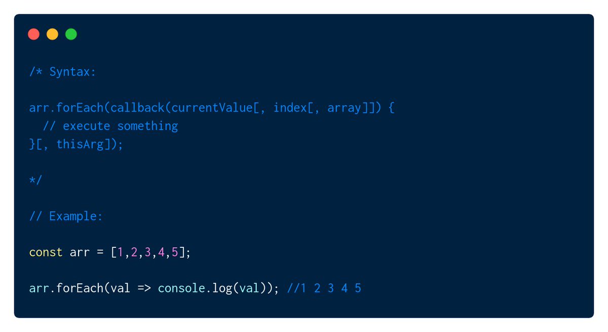  .forEach().forEach() allows us to loop over an array and access each item individually, similar to how a for loop would do it but in a nicer syntax.  You can't return values from a .forEach() if you want to return values you need to use .map(). 3/8