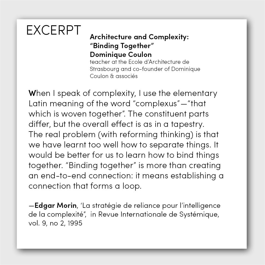 urbannext_net's tweet photo. #ContainersAsPlaces #EXCERPT
"For me, #complexity is an #approach, a #method for producing a #project"
#Architecture and #Complexity: “Binding Together” Excerpt from #Crossings by @coulon_associes published by @actar_publisher
Read the full #essay at https://t.co/upJbCTQSEq https://t.co/IynVsefvvk