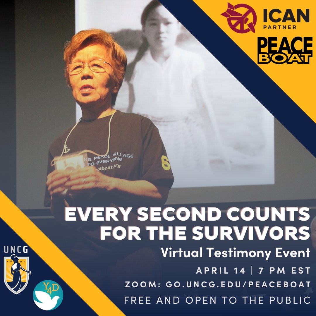 Peace Boat(NGOピースボート) (@peace_boat) on Twitter photo Join us and <a href="/PeaceBoat_US/">Peace Boat US</a> to hear Ms Junko Watanabe, an atomic bomb survivor from Hiroshima share her testimony
Wed April 14, 2021 – 7:00 pm EST. Event link: GO.UNCG.EDU/PEACEBOAT
(free and open to the public)
#nuclearban #TPNW #YesICan #Hibakusha #nucleardisarmament Join us and <a href="/PeaceBoat_US/">Peace Boat US</a> to hear Ms Junko Watanabe, an atomic bomb survivor from Hiroshima share her testimony
Wed April 14, 2021 – 7:00 pm EST. Event link: GO.UNCG.EDU/PEACEBOAT
(free and open to the public)
#nuclearban #TPNW #YesICan #Hibakusha #nucleardisarmament