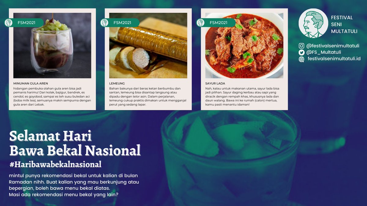 FS_Multatuli's tweet photo. Nah Sobat Multatuli, #mintul punya rekomendasi bekal untuk kalian di bulan Ramadan nih
h. Buat kalian yang mau berkunjung atau bepergian, boleh bawa menu bekal di atas.
Masih ada rekomendasi menu bekal yang lain?
Komen di kolom komentar ya ^_^ https://t.co/IEDUIqd6f6