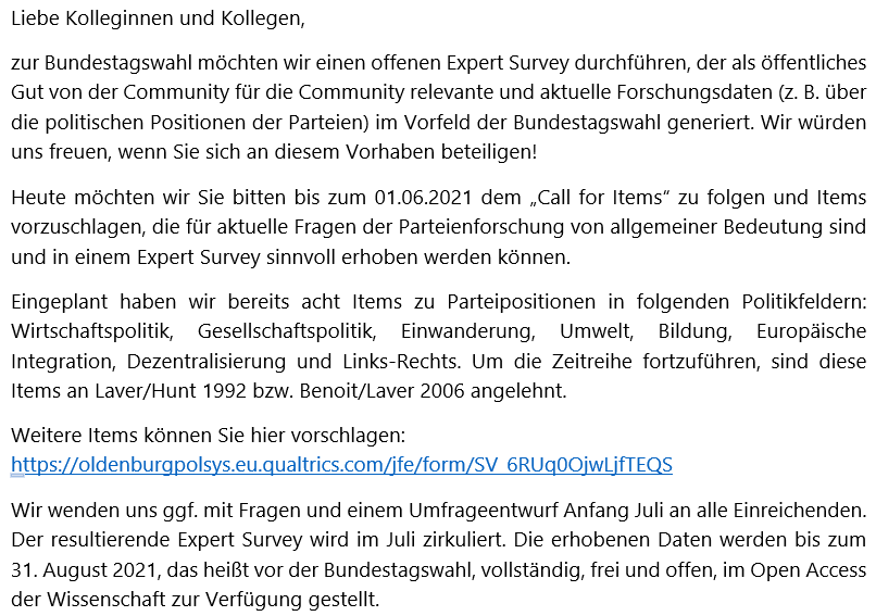 Aufgehorcht, liebe Politikwissenschaftscommunity! Wir möchten mit Euch zur Bundestagswahl einen Expert Survey als Gemeinschaftsgut produzieren. Items können hier vorgeschlagen werden: oldenburgpolsys.eu.qualtrics.com/jfe/form/SV_6R…