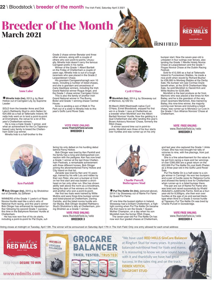 Connolly's RED MILLS (@redmillshorse) on Twitter photo Have you voted for <a href="/TheIrishField/">The Irish Field</a> #REDMILLS March Breeder of the Month❓
⏰Voting closes Tuesday 13th April
theirishfield.ie/vote-for-your-…
Anne Lalor 🐴 Minella Indo
Cyril O’Hara 🐴 Monkfish
Ken Parkhill 🐴 Bob Olinger
Charlie Purcell 🐴Put The Kettle On
#FeedYourDesireToWin Have you voted for <a href="/TheIrishField/">The Irish Field</a> #REDMILLS March Breeder of the Month❓
⏰Voting closes Tuesday 13th April
theirishfield.ie/vote-for-your-…
Anne Lalor 🐴 Minella Indo
Cyril O’Hara 🐴 Monkfish
Ken Parkhill 🐴 Bob Olinger
Charlie Purcell 🐴Put The Kettle On
#FeedYourDesireToWin
