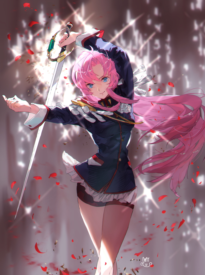 1girl pink hair weapon sword long hair solo blue eyes  illustration images
