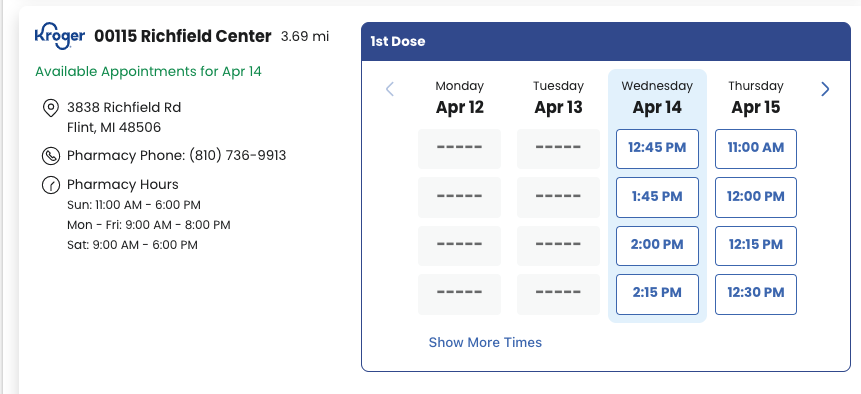 FLINT AREA: Kroger stores have some appointments available -- search here, use FLINT  https://www.kroger.com/rx/covid-vaccine