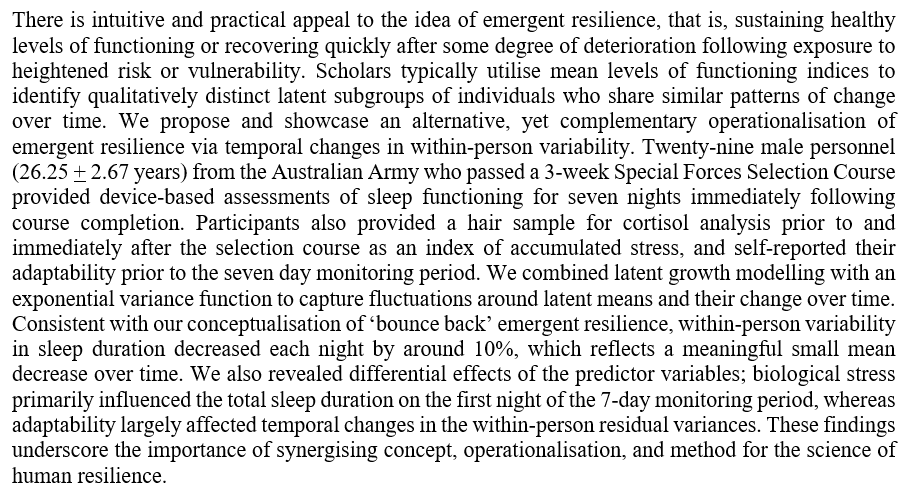 Daniel Gucciardi (@danielgucciardi) on Twitter photo New paper: The Emergence of Resilience: Recovery Trajectories in Sleep Functioning After a Major Stressor (published in <a href="/APA_Journals/">APA Journals</a> Sport, Exercise, and Performance Psychology)
post-print -> bit.ly/3mMecg3
🧵below on my reflections of the essence of the paper…1/n New paper: The Emergence of Resilience: Recovery Trajectories in Sleep Functioning After a Major Stressor (published in <a href="/APA_Journals/">APA Journals</a> Sport, Exercise, and Performance Psychology)
post-print -> bit.ly/3mMecg3
🧵below on my reflections of the essence of the paper…1/n