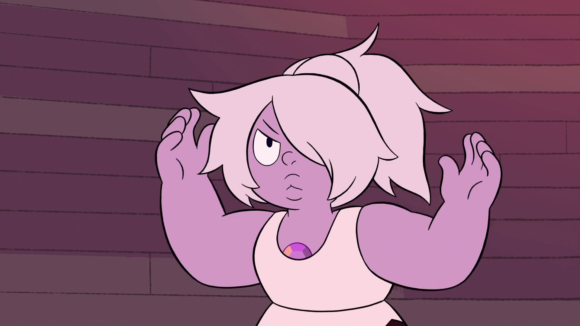Amethyst with her hair tied up. 