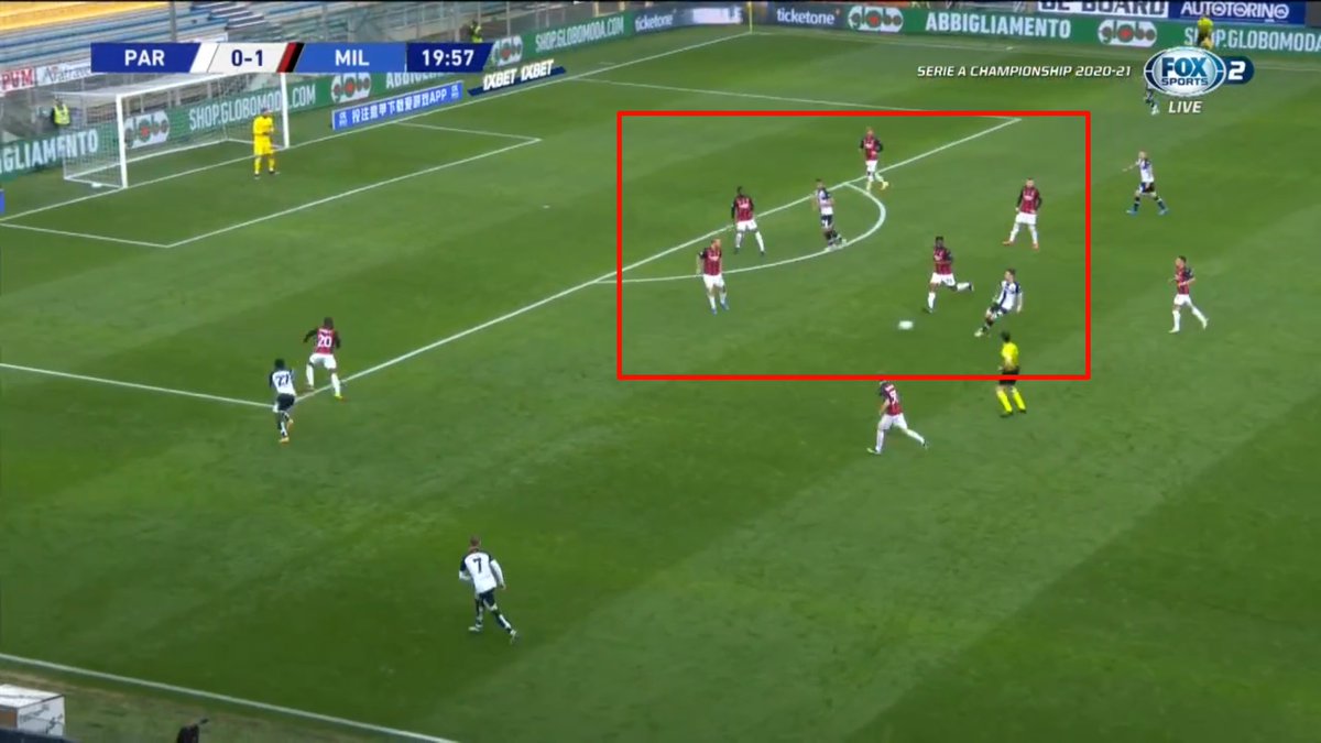 With Milan playing a narrow defense the main tactic of Parma was to play it out wide to Conti and have him cross the ball for Pelle or Kucka to head it.