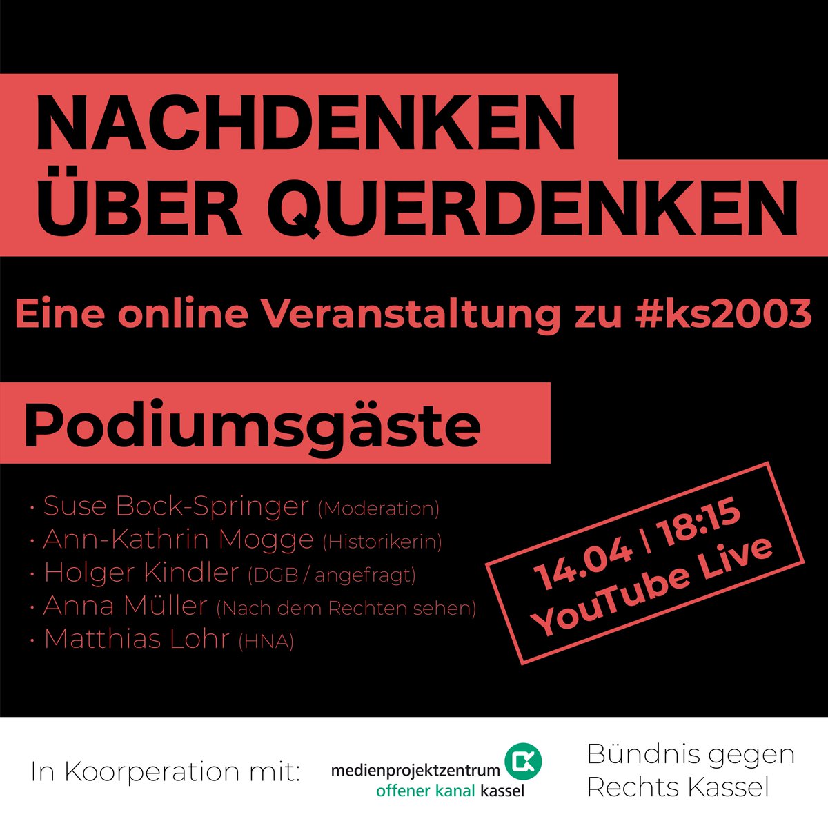 Mittwoch 18.15 Uhr live, Offener Kanal Kassel und YouTube. Podiumsgespräch zur Querdenken-Bewegung: Wer trifft sich dort und was ist daran gefährlich? Welche Konsequenzen sind nötig, um eine Wiederholung der Ereignisse in Kassel zu verhindern?
Schau hier: youtube.com/channel/UCEbso…