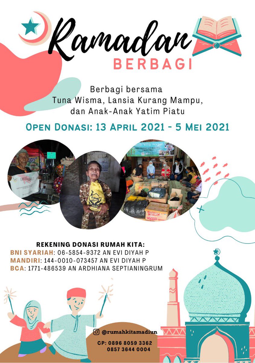 ramadan kareem! selamat menunaikan ibadah puasa semua, yuk yg mau nabung pahala buat ramadan bisa hubungi CP ya 089680593362 ato intip kegiatan kami d IG @rumahkitamadiun 💛