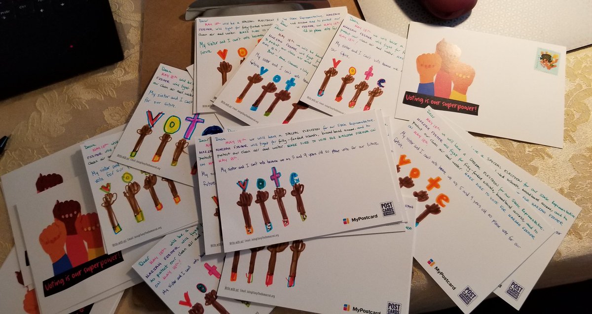 DrsMeena's tweet photo. Democracy is not a spectator sport; &amp; ALL elections matter.
So we did *50* #PostcardsToVoters for Mariah Fisher @electmariahpa59.
My kids' msg is the same: "We can't vote because we are 5 &amp; 9yo, so please vote for our future.
There are special elections everywhere.
Get involved. https://t.co/U9yOb6cEJH