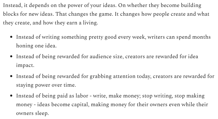 This is just an experiment, but I hope that it’s the first step towards a new way for creators to earn an income that relies on quality and impact of ideas rather than quantity and virality.