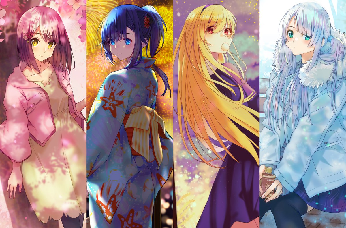 multiple girls 4girls blonde hair kimono japanese clothes blue hair blue eyes  illustration images