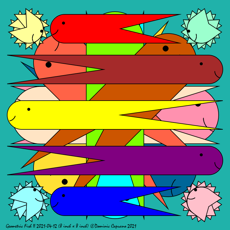 DominicCapuano's tweet photo. Geometric Fish II 2021-04-12 (8 inch x 8 inch)
Copyright Dominic Capuano 2021
#fish #GeometricFish #art #artistsontwitter #generative #generativeart #javascriptart #codeart #calculateart #creativecoding #geometry #mathart #javascript #canvas #HTML5 #CenterBox https://t.co/jbvSLDsoUt