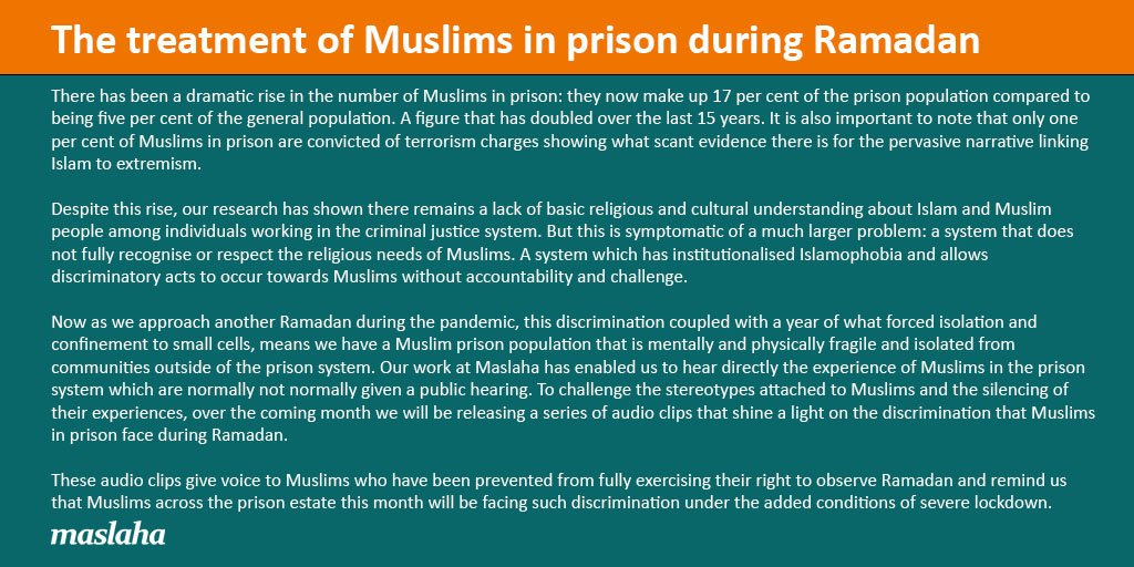 As #Ramadan starts we’ll be highlighting the systemic racism in prisons and the impact on Ramadan. 

But also the survival mechanisms in the face of this and creating of communities within prisons to provide solidarity and dignity, now being tested in #lockdown. 

#Ramadan2021