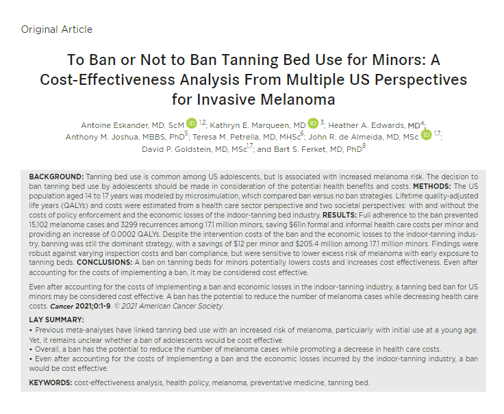 ACS Journal Cancer (@journalcancer) on Twitter photo JUST PUBLISHED | A ban on tanning beds for minors has the potential to reduce melanoma cases while decreasing health care costs. Read more: acsjournals.onlinelibrary.wiley.com/doi/full/10.10… <a href="/DrTonyEskander/">Antoine Eskander MD ScM</a> <a href="/DrDPGoldstein/">David P Goldstein MD MSc FRCSC FACS</a> <a href="/DrJohndeAlmeida/">John De Almeida</a> <a href="/UofT_OHNS/">U of T Otolaryngology - Head & Neck Surgery</a> <a href="/ihpmeuoft/">IHPME</a> <a href="/Sunnybrook/">Sunnybrook Health Sciences Centre</a> JUST PUBLISHED | A ban on tanning beds for minors has the potential to reduce melanoma cases while decreasing health care costs. Read more: acsjournals.onlinelibrary.wiley.com/doi/full/10.10… <a href="/DrTonyEskander/">Antoine Eskander MD ScM</a> <a href="/DrDPGoldstein/">David P Goldstein MD MSc FRCSC FACS</a> <a href="/DrJohndeAlmeida/">John De Almeida</a> <a href="/UofT_OHNS/">U of T Otolaryngology - Head & Neck Surgery</a> <a href="/ihpmeuoft/">IHPME</a> <a href="/Sunnybrook/">Sunnybrook Health Sciences Centre</a>