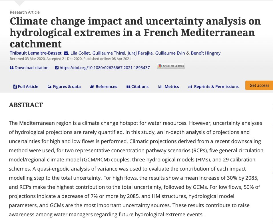 HydrolSciJ's tweet photo. Now online at HSJ: Climate change impact and uncertainty analysis on hydrological extremes in a French Mediterranean catchment, by Lemaitre-Basset et al. https://t.co/xR9fGnJ04Y #hsj #iahs #climatechange #airGR #ANOVA #rstats https://t.co/YzUkTpwvcA